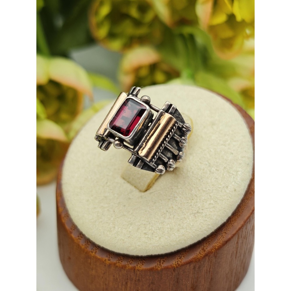 Artisan Handmade Garnet Ring Womens Size 4 Silver 18K Gold Boho Southwest Ring